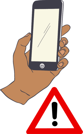 Hand holding a phone with a warning sign in front of it