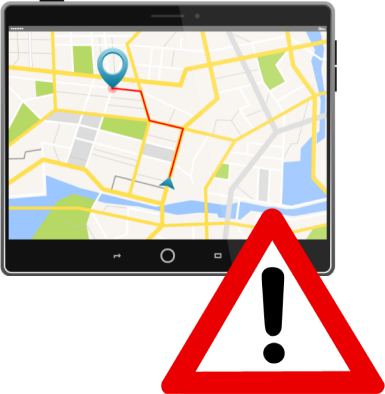 Image of a warning sign with a GPS tablet showing a route