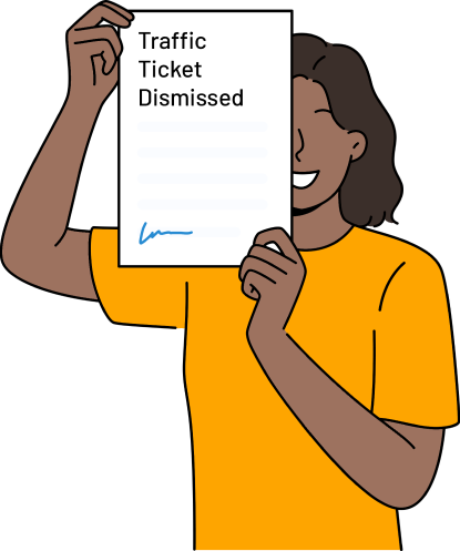 A woman holding up a piece of paper that says "Traffic Ticket Dismissed"